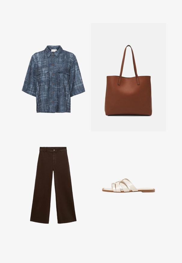 Gestuz DEMIA - Blúzka so zapínaním na gombíky - dark blue; Hnedé široké nohavice z bavlnenej zmesi, s roztrhnutým lemom, predným zapínaním na gombík a klasickým dizajnom s piatimi vreckami. Minimalistické a všestranné.; Ploché sandále s hnedou gumovou podrážkou, navrhnuté s tromi prekrývajúcimi sa bielymi koženými popruhmi a malou mašličkou uprostred.; Hnedá kožená taška na rameno s hladkou textúrou, otvoreným vrchom a dvoma ramenými popruhmi. Má minimálne šitia a žiadne viditeľné kovania.