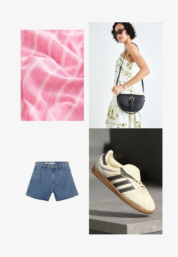 Un tissu rose présente une surface texturée avec d'importantes bandes blanches verticales. Le matériau semble doux et léger, montrant un drapage délicat.; Shorts en denim bleu clair avec une taille haute, présentant des plis à l'avant, une fermeture éclair et un ourlet effiloché. Quatre poches incluses.; Baskets en cuir crème avec trois bandes sombres, une semelle extérieure en gomme marron et un bout arrondi. Présentent une languette pliable étiquetée "SAMBA."; Sac à main en cuir noir avec une forme courbée, bandoulière amovible et des accessoires en or. Le sac est doté d'un rabat avec un détail de boucle.