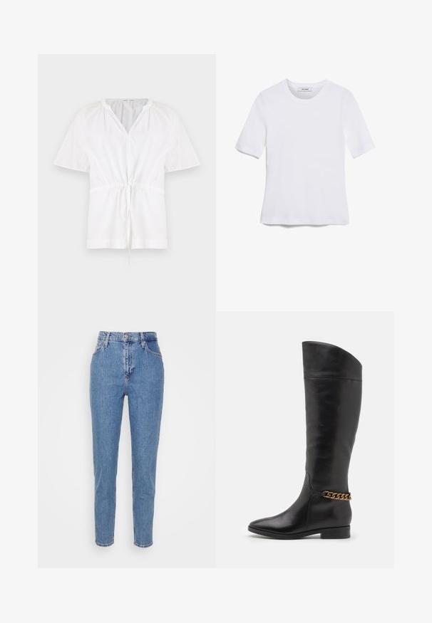 Balts pulovers ar V veida kaklu un īsām piedurknēm. Izmanto vieglu kokvilnas audumu, ar regulējamu jostasvietu un tekstūru akcentiem uz pleciem.; Balta īsām piedurknēm T-krekls, izgatavots no ribota auduma. Apaļš izgriezums, regulāra piegriezuma un diskrēti šuvumu detaļas. Bez printiem vai grafikām.; Zilas augstas jostas vidukļa taisnas kājas džinsi ar priekšējo pogu un rāvējslēdzēju, jostas cilpām un kabatām, attēloti uz vienkārša baltā fona.; Augstas melnas ādas zābaki ar plūstošu dizainu, pointētām purngalēm un zelta ķēdes akcentu ap potīti. Zems bloku papēdis. Gluda tekstūra.