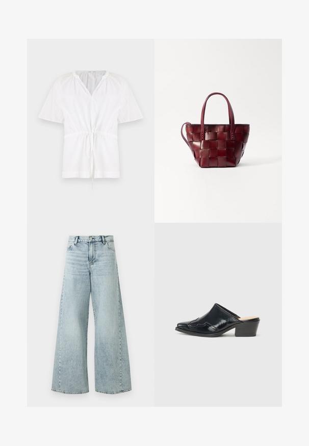 White pullover top with a V-neck and short sleeves. Features lightweight cotton fabric, drawstring waist, and textured accents on the shoulders.; Light blue denim wide-leg jeans with a high waist, featuring a button closure, five pockets, and frayed hem details.; Black patent leather mules with a pointed toe, a curved design, and a low block heel featuring decorative stitching along the upper.; Woven burgundy leather tote bag with two short handles and a detachable shoulder strap. Features a structured shape and smooth texture.