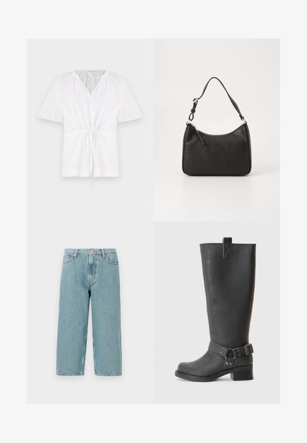Fehér pulóver felső V-nyakkivágással és rövid ujjakkal. Könnyű pamut anyagból készült, zsinóros derékkal és texturált díszítésekkel a váll részen.; Világoskék farmer rövidnadrág, magas derékkal, egyenes szabással és nyers szegéllyel. Klasszikus gombos és cipzáras záródással rendelkezik, négy zseb van rajta.; Fekete bőr, térd fölé érő csizma texturált felülettel, oldalán csat díszítéssel és alacsony sarokkal. Részletes varrások a varrások mentén.; Fekete bőrtáska ívelt formával, egyetlen pánttal, cipzáras záródással és diszkrét logóval az elején. Simább textúra, minimalista dizájn.