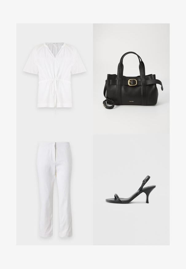 White pullover top with a V-neck and short sleeves. Features lightweight cotton fabric, drawstring waist, and textured accents on the shoulders.; White cotton pants with a straight leg design, featuring a mid-rise waist and no visible hardware or patterns. Smooth texture throughout.; Black leather high-heeled sandals with a slim, curved heel and a crossed strap design. Adjustable ankle strap. Smooth texture.; Black leather handbag featuring a structured design, dual top handles, gold-tone buckle accent, and embossed brand logo at the front.