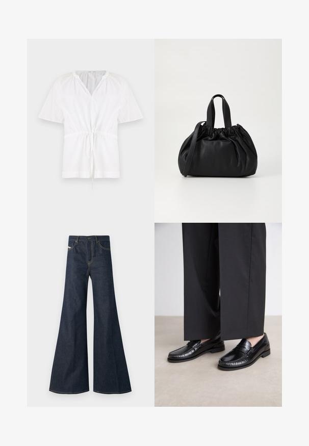 White pullover top with a V-neck and short sleeves. Features lightweight cotton fabric, drawstring waist, and textured accents on the shoulders.; Dark blue flared jeans made of denim, featuring a high waist, gold stitching accents, and two front pockets with a button closure.; Black leather loafers with a smooth finish, stitched detailing around the toe, and a low rubber sole. Paired with wide black trousers.; Black leather handbag with a gathered top design, featuring two short handles and a long adjustable strap. Smooth texture, rounded shape.