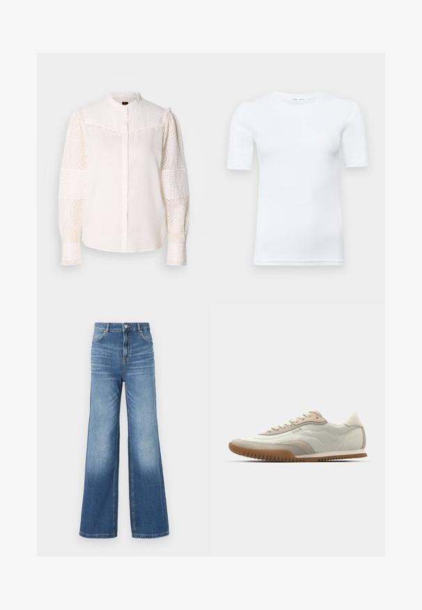 White shirt featuring a high collar, textured upper, and embroidered eyelet lace sleeves with intricate patterns and ruffled accents.; White short-sleeve t-shirt made of cotton. Features a round neckline and a smooth texture, with minimal stitching visible at the hem.; Light blue denim wide-leg jeans with a high waistband, featuring five pockets, belt loops, and a subtle fade effect towards the hem.; White and beige sneaker featuring a smooth upper with suede accents, a textured sole, and tonal stitching. Lace-up closure with logo detail.