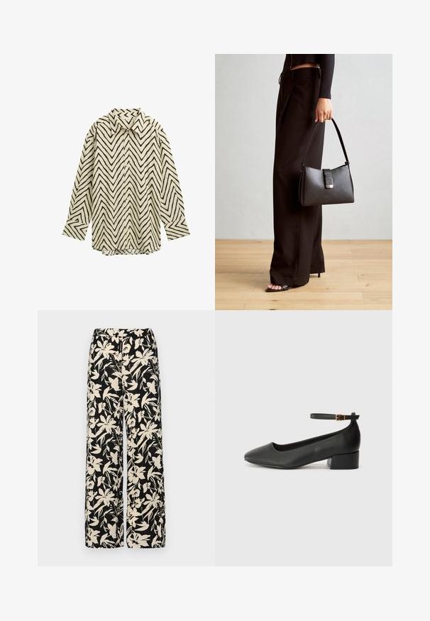 Hematická košeľa s dlhým rukávom v krémovej farbe s čiernym zigzag vzorom, s klasickým golierom, zapínaním na gombíky a voľným strihom. Mäkká textúrovaná látka.; Čierny krátky rukáv top vyrobený z hladkého materiálu, so strihom peplum a opaskom v páse so syntetickými guľatými striebornými gombíkmi.; Čierne nohavice s širokými nohavicami a krémovým kvetinovým vzorom. Vyrobené z ľahkej látky, s hladkou textúrou a vysokým pásom.; Čierne kožené lodičky s špicatou špičkou a nízkym blokovým podpätkom. Obsahuje remienok okolo členka so zlatým prackou. Hladký povrch.; Čierna kabelka so štruktúrovaným tvarom, hladkou textúrou a kovovou sponou. V kombinácii so širokými čiernymi nohavicami a sandálmi s otvorenou špičkou na drevenej podlahe.