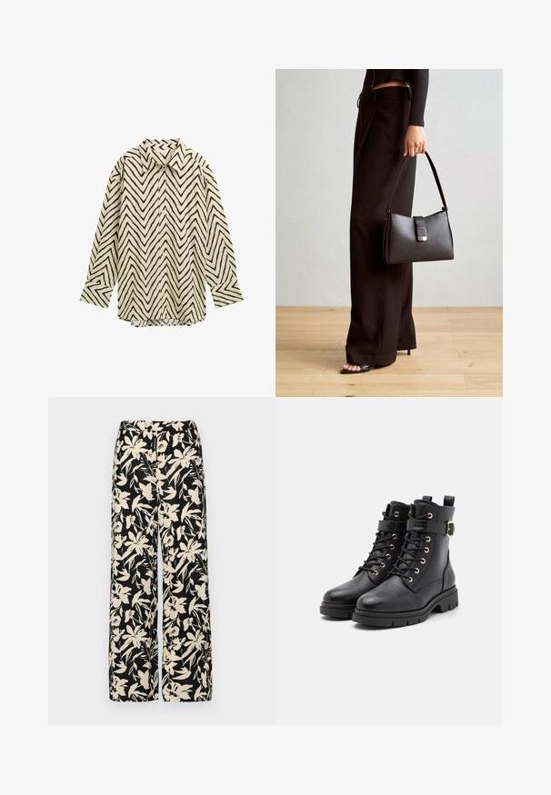 Majica dugih rukava u krem boji s crnim cik-cak uzorkom, s klasičnom ovratnikom, kopčanjem na gumbe i ležernim fitom. Mekana teksturirana tkanina.; Crne široke hlače s kremastim cvjetnim uzorkom. Izrađene od lagane tkanine, sa glatkom teksturom i visokim pojasom.; Crne kožne gležnjače s okruglim vrhom, vezanjem, zlatnim rupicama, akcentom u obliku kopče i debelim, teksturiranim potplatom.; Crna torba s oblikom koji sadrži strukturu, glađu teksturu i metalnu kopču. Uparena s širokim crnim hlačama i sandalama na otvorenom s drvenog poda.