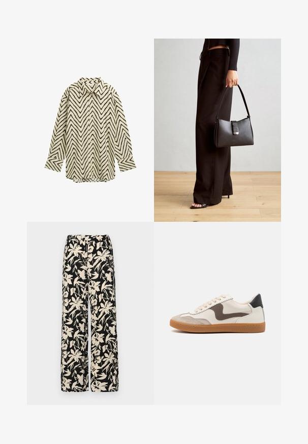 Langärmliges Hemd in Creme mit schwarzem Zickzackmuster, ausgestattet mit einem klassischen Kragen, Knopfverschluß und einem lockeren Schnitt. Weicher, strukturierter Stoff.; Schwarze weit geschnittene Hose mit einem cremefarbenen Blumenmuster. Hergestellt aus leichtem Stoff, mit einer glatten Textur und einem hohen Bund.; Sneaker mit einem Obermaterial aus cremefarbenem Leder und dunkelbrownem Wildlederakzent, beigen Schnürsenkeln und einer Gummisohle; klassisches, niedriges Profildesign.; Schwarze Handtasche mit strukturierter Form, glatter Textur und einem metallischen Verschluss. Kombiniert mit weiten schwarzen Hosen und offenen Sandalen auf einem Holzboden.