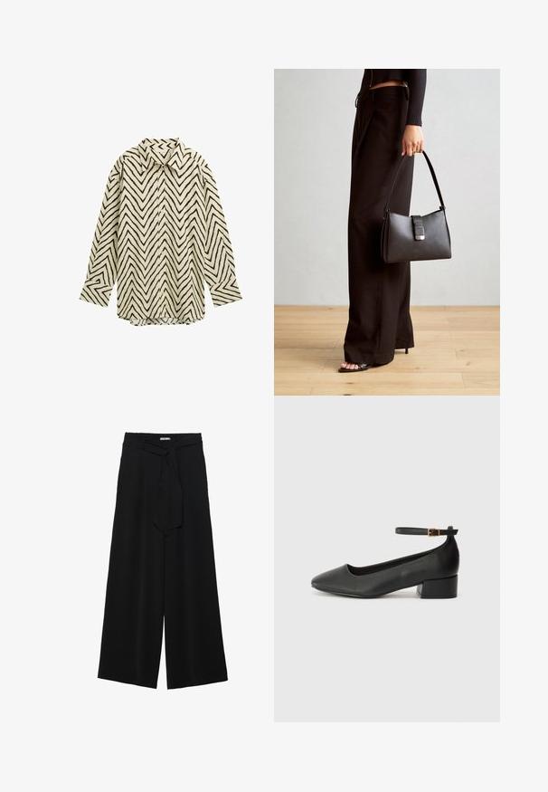 Chemise à manches longues en crème avec un motif en zigzag noir, dotée d'un col classique, d'une fermeture à boutons et d'une coupe décontractée. Tissu doux et texturé.; Pantalons larges noirs en tissu texturé, avec une taille élastique et une ceinture à nouer amovible à la taille pour un ajustement variable.; Escarpin en cuir noir avec un bout pointu et un petit talon bloc. Doté d'une bride de cheville avec une boucle dorée. Texture lisse.; Sac à main noir à la forme structurée, texture lisse et fermoir métallique. Associé à un pantalon noir ample et des sandales ouvertes sur un sol en bois.