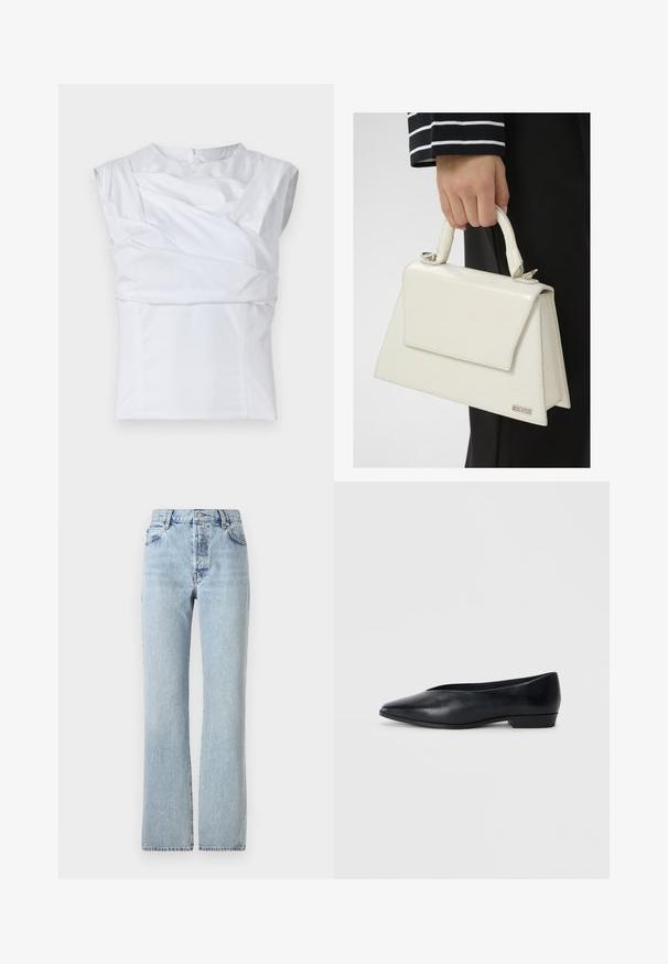Weißes, ärmelloses Oberteil mit strukturiertem Design, das über drapierte Stoffdetails und einen verdeckten Reißverschluss auf der Rückseite verfügt. Glatte Textur.; Cremfarbenes Top mit einem Schulterträger aus glattem Stoff, das an der Vorderseite mit einem großen, verdrehten Knoten-Detail versehen ist und eng anliegt.; Hellblaue Jeans aus Denim mit hoher Taille, geraden Beinen, klassischem Fünf-Taschen-Design und subtilen Ausbleichungen überall.; Schwarze Lederflatschuhe mit spitzer Zehenform, leicht erhöhtem Absatz und glatter Oberfläche. Schlichtes Design ohne sichtbare Hardware oder Muster.; Weiße Handtasche aus Lackleder mit strukturierter Form, einem oberen Tragegriff und einem Frontklappverschluss. Verfügt über minimalistische silberne Akzente.