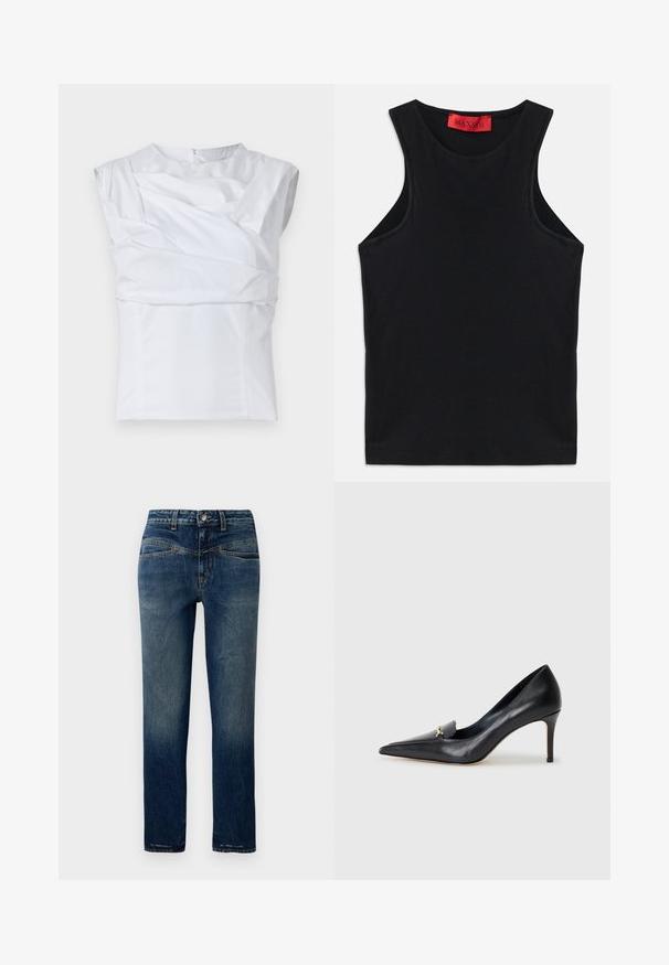 Valge ilma varrukateta topp, millel on struktureeritud disain, drapeeritud kangaste detailid ja peidetud tagasivöö. Sile tekstuur.; Must olnud mustast pehmest puuvillast. Omab ümmargust kaelust ja tavalist allserva. Lihtne disain, ilma nähtavate mustrite või aktsentideta.; Tumedat sinisema denim-püksid otse lõikega, kerge pleekimisega, oranžade õmblustega ja nööpkinnitusega vöökohtades.; Mustmust musta kinga terava nina, madala lõikega vamp ja dekoratiivne kuldne aksessuaar. Omab stilettokandikut ja sileda tekstuuri.