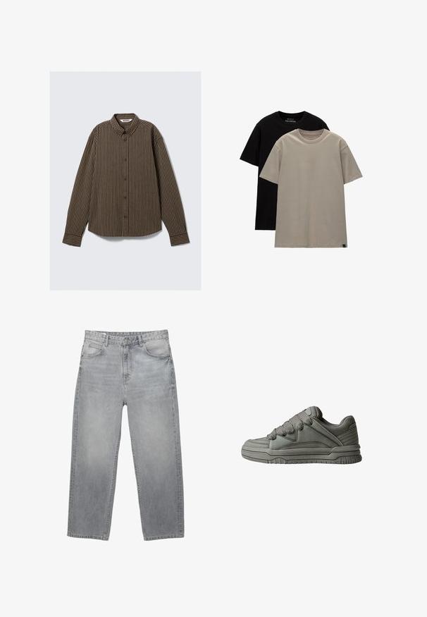 Bruine gestreepte langwerpige shirt met een button-down kraag en een rechte snit. Kenmerkt zich door subtiele afwisselende lichte en donkere strepen over de stof.; Set van twee t-shirts; één zwart, één lichtbeige. Regular fit met ronde halsuitsnijdingen, gemaakt van zachte katoenstof. Eenvoudig ontwerp, zonder patronen.; Lichtgrijze denim jeans met een rechte pijp, voorzien van vijf zakken, een knoopsluiting en subtiele vervaging voor textuur.; Grijze sportieve schoen met een bovenwerk van gestructureerd leer en mesh, dikke rubberen zool en een opvallende, gewatteerde tong en zijkanten. Veters en zijaccenten zijn inbegrepen.