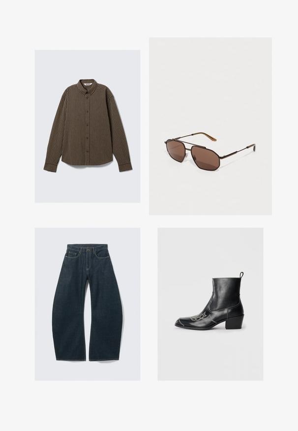 Hnedý pruhovaný dlhý rukáv košele s golierom na gombíky a rovnými líniami. Obsahuje jemné striedajúce sa svetlé a tmavé pruhy na látke.; Tmavomodré džínsy s širokými nohavicami vyrobené z denimu, obsahujúce päť vreciek, viditeľné švy, zapínanie na gombík a čistý vzhľad.; Čierne kožené členkové topánky so štvorcovou špičkou, ozdobným prešívaním a nízkym blokovým podpätkom. Obsahuje pútko pre jednoduché obúvanie.; Hnedé osemuholníkové slnečné okuliare s tenkým čiernym kovovým rámom, ozdobené hnedými ramenami. Tmavé tónované šošovky zabezpečujú ochranu pred UV žiarením.; Hnedá kabelka z kože s embosovaným vzorom krokodíla, vybavená hornými držadlami a odnímateľným ramenným popruhom. Má prackové zapínanie a obdĺžnikový tvar.