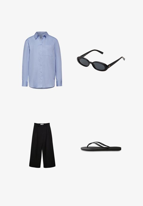 Camicia a maniche lunghe di colore azzurro chiaro, realizzata in cotone, con colletto a punta, tasca frontale e orlo dritto. Tessuto dalla texture liscia.; Pantaloni neri a gamba larga con vita alta, fronte pieghettato e chiusura con bottone. Realizzati in tessuto morbido con un design sartoriale.; Infradito neri con suola in gomma testurizzata, due cinghie sottili e un sottile dettaglio del logo impresso sulla cinghia.; Occhiali da sole neri oversize con lenti ovali, montatura in plastica liscia e accenti dorati sulle tempie. Le lenti scure offrono protezione dal sole.