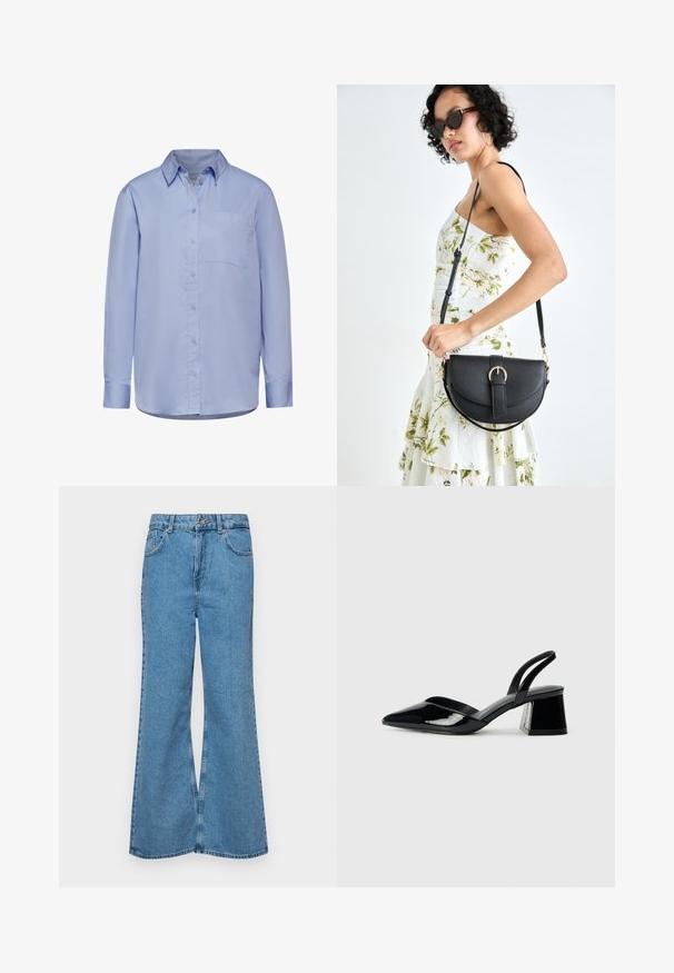 Lichtblauw overhemd met lange mouwen, gemaakt van katoen, met een button-down kraag, een borstzak en een rechte zoom. Gladde stoftextuur.; Lichtblauwe flared jeans van denim, met een hoge taille, vijf zakken en een enkele knoopsluiting. Zachte textuur met een vervaagde afwerking.; Zwarte gepatineerde leren slingback hakken met een spitse neus en een geometrische blokhak. Kenmerkt zich door een slank, minimalistisch ontwerp en een gladde textuur.; Zwarte leren handtas met een gebogen vorm, afneembare schouderband en gouden hardware. De tas heeft een klep met een gespsluiting.