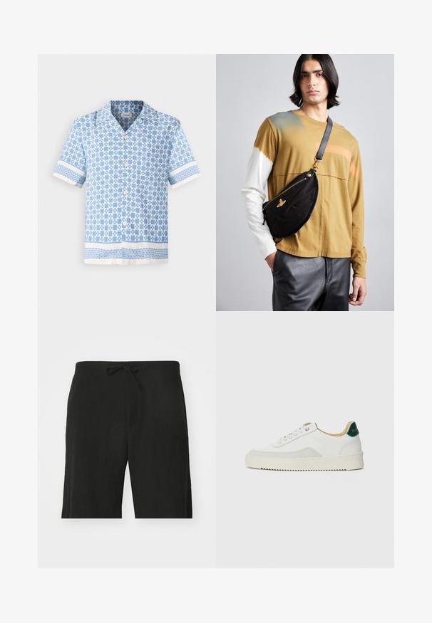 Camicia a maniche corte con bottoni di colore blu chiaro, con un motivo geometrico, dotata di un collo morbido e dettagli bianchi a contrasto su maniche e orlo.; Pantaloni corti neri in lino con vita regolabile, caratterizzati da una vestibilità rilassata e un design lungo fino al ginocchio. Texture liscia, stile semplice e classico.; Sneaker bianco con accenti in camoscio, punta rotonda, lacci piatti e suola in gomma crema. Presenta un marchio verde sul tallone.; Vivienne Westwood CITY BUMBAG UNISEX - Marsupio - black