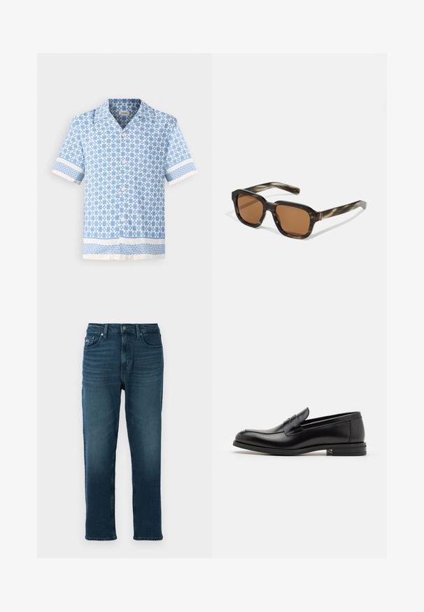 Rövid ujjú, világoskék gombos ing geometrikus mintával, puha gallérral és kontrasztos fehér díszítéssel az ujjain és az alján.; Sötétkék farmernadrág egyenes szárú fazonnal, öt zsebbel és gombos elülső záródással. Simaság jellemzi, enyhe kopás részletekkel.; Fekete bőr loaferek sima textúrával, kerek orral és dekoratív pánttal a vampnál. Alacsony, rétegelt sarkú, minimalista dizájn.; Műanyag napszemüveg teknősbékapáncélszerű mintával, nyolcszögletű barna lencsékkel és vékony arany hardware díszítéssel a kereten.; Vivienne Westwood CITY BUMBAG UNISEX - Övtáska - black