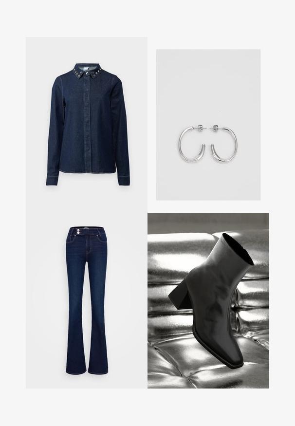 Mörk denimskjorta med knäppning fram, långa ärmar och en krage med dekorativa metallnitar. Slät textur, klassisk passform.; Mörkblå klädd jeans med flare som har hög midja, två framfickor och två knappstängningar. Tillverkade av denim med en slät yta.; Svarta ankelboots i glänsande material med fyrkantig tå och avsmalnande klack, placerade mot en glänsande silverfärgad vadderad bakgrund.; Silver hoopsörhängen med en slät, glänsande yta, med en böjd form och post-stängning. Minimalistisk design med en modern finish.