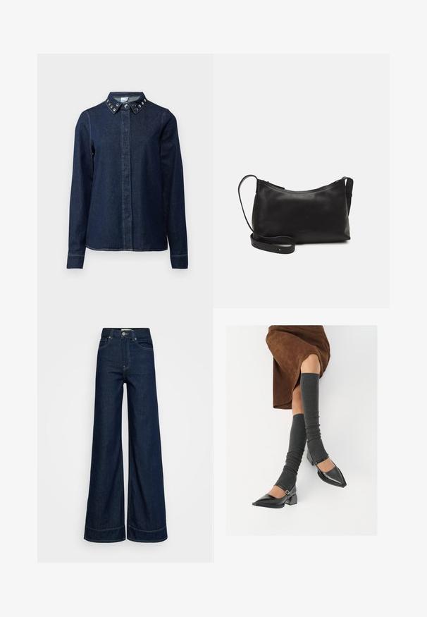 Tamsiai mėlynas džinsinis marškinis su sagomis priekyje, ilgomis rankovėmis ir apykakle, puošta dekoratyviniais metaliniais taškais. Lygus audinys, klasikinis kirpimas.; Tamsiai mėlynos aukšto liemens plačiakojės džinsai su priekinėmis kišenėmis, diržo kilpelėmis, mygtuko uždarymu ir matomu siuvimu ant balto fono.; Juodi lakuoti odiniai batai su aštriu kuma ir bloko kulnu, derinami su pilkais riebiais kojų šildytuvais ir rudais zomšiniais sijonais.; Juodas odinis petinis krepšys su lygiu paviršiumi, išlenkta forma, reguliuojama dirželiu ir užtrauktuku. Minimalistinis dizainas be puošmenų.