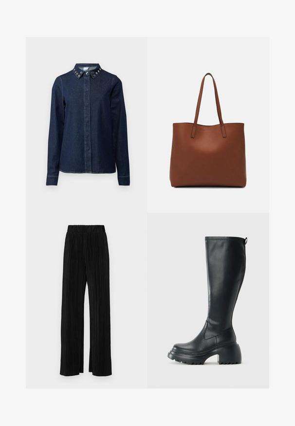 Camisa de denim escuro com fecho de botões na frente, mangas longas e colarinho com tachas metálicas decorativas. Textura suave, corte clássico.; Calças pregueadas pretas com uma cintura elástica. Apresentam pernas largas e um tecido liso, texturizado com riscas verticais.; Bota preta de couro alta com sola de plataforma robusta e salto bloco, apresentando puxador e padrão texturizado na sola.; Bolsa tote de couro castanho com uma textura suave, design de abertura superior e duas alças para o ombro. Apresenta costura mínima e sem hardware visível.