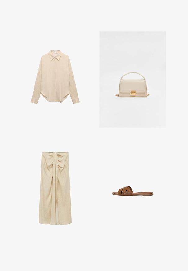 Beige langærmet skjorte med spidse krave, løs pasform og afrundet kant. Lavet af et let, tekstureret stof. Knaplukning foran og ved håndleddene.; Beige, knælang nederdel lavet af blødt stof, med en samlet design ved livet og en sideløsning for øget bevægelse og stil.; Brun læder slide sandal med krydsede stropper, flad sål og en glat overflade. Enkel design uden udsmykninger eller mønstre.; Beige læderhåndtaske med en struktureret design, et topgreb, kædestrop og en krog i guld metal. Glat tekstur og rene linjer.