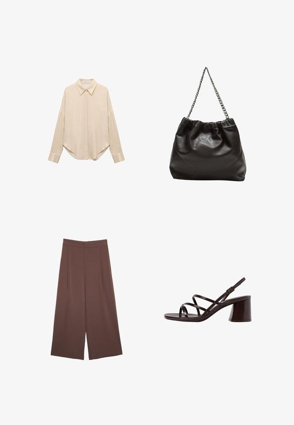 Beige langærmet skjorte med spidse krave, løs pasform og afrundet kant. Lavet af et let, tekstureret stof. Knaplukning foran og ved håndleddene.; Brune bredbunde bukser med en glat tekstur, der har høj talje og plisseringer foran. Stoffet er let og falder løst.; Brune strop sandal med høj hæl og kraftig hæl, der har en glat, blank finish og flere krydskrydsede stropper på overdelen.; Brun lædertaske med en rynket top og en kædestrop. Glat tekstur med en blank finish og subtile sømdetaljer på siderne.