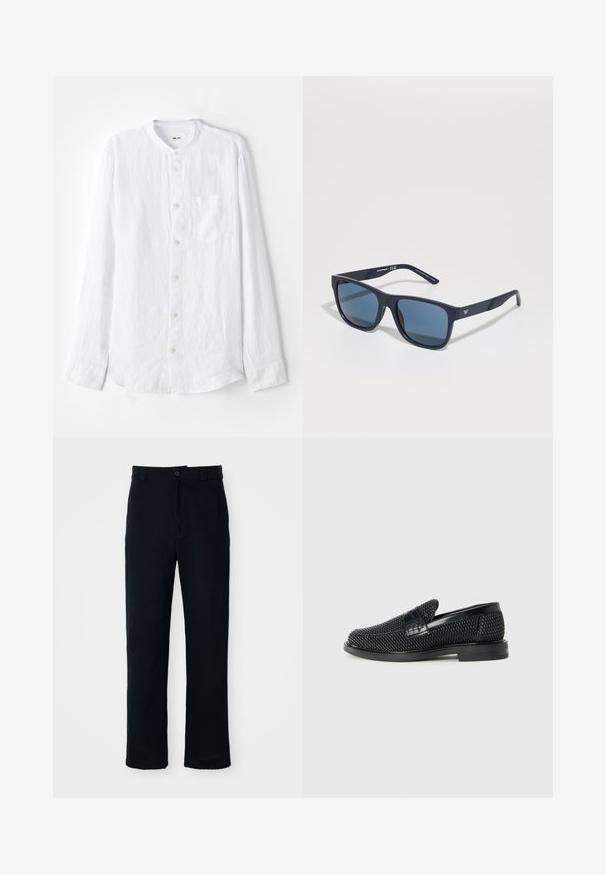 Hvit langermet skjorte laget av teksturert stoff, med ståkrage, knappelukking, en brystlomme og sølvknapper.; Navyblå bukser laget av bomull, med rett ben-design, frontlukking med knapp og klassisk midje med beltehanker.; Sorte vevde slip-on sko med en glatt lærdetalj på overdelen, design med rund tå og en lavprofil gummisåle.; Blå rektangulære solbriller med mørke linser, matt marineblå ramme, logo-detajler på stengene, rette armer og en solid, glatt tekstur.