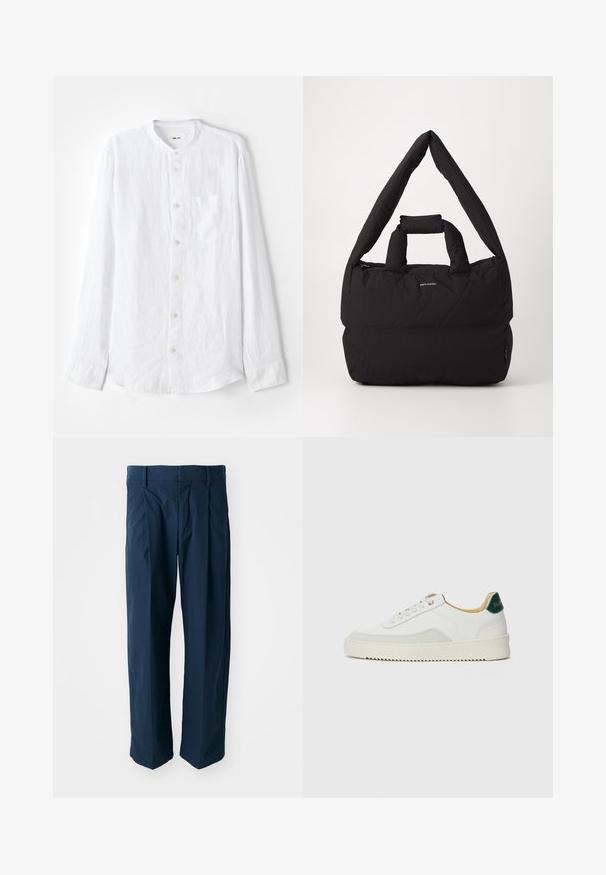 Valge pikaaelise särgi kangas on tekstureeritud, sellel on bändikaelus, nööbid kinni ja üks rinna tasku ning hõbedased nööbid.; Tumedatehased, mis on valmistatud puuvillast, lõdva lõikega, eesplekkide ja lame vöökohaga, millel on vööaasad.; Valged tennisjalanõud, millel on sametised aktsendid, ümar varvas, lame nöörid ja kreemjas kummine põhja. Hästi nähtav roheline bränding kannal.; Must toop ja pehmest materjalist õlarihmaga must padded kott, millel on laiem pehme õlarihm ja pealmine käepide. Omab tõmblukuga sulgemist ja diskreetset logo ees.