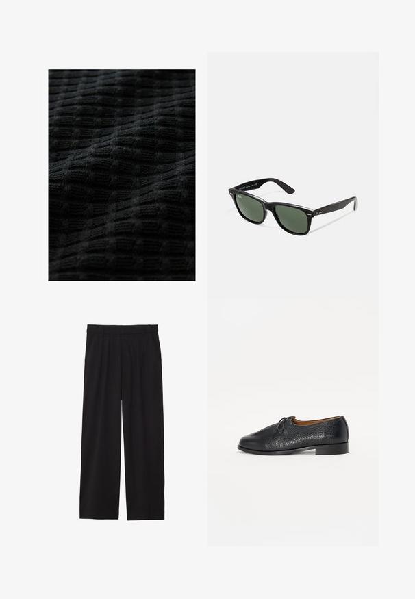 Melna adīta auduma virsma ar teksturētu, režģa līdzīgu rakstu, kur izvirzīti kvadrāti piedāvā dziļumu un mīkstu, taustes izskatu.; Melni platbagāžnieki ar plecu priekšpusi, sānu kabatām un gludu auduma tekstūru. Izstrādāti brīvai piegulšanai.; Melnas ādas kurpes ar teksturētu apdari, noapaļota purna forma un neliels loku akcents augšpusē. Iezīmējas ar zemu, stabilu papēdi.; Melnas plastmasas saulesbrilles ar zaļiem lēciem, kvadrātveida rāmjiem, sudrabainu akcentu uz uzacīm un teksturētām tempļu kājām. Zīmols norādīts uz iekšējās kājas.