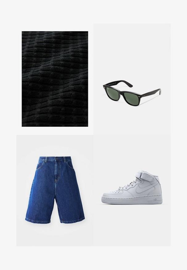 Sort strikket stof med et tekstureret, gitterlignende mønster, hvor hævede firkanter giver dybde og et blødt, taktilt udseende.; Denimshorts med en blå vask, med en høj talje, to forlommer og gul syning langs sømmene.; Højtop grå Nike Air Force 1 sneakers med læderoverdel, polstret krave og en velcro-rem. Ikonisk design med perforeret tåboks.; Sorte plastiksolkaber med grønne linser, firkantede stel, sølvaccent på brynene og teksturerede templede arme. Angivet mærke på den indre arm.