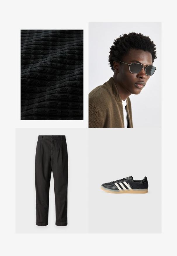 Tessuto in maglia nera con un motivo testurizzato a griglia, con quadrati in rilievo che conferiscono profondità e un aspetto morbido e tattile.; Pantaloni neri realizzati in un tessuto liscio, con un design a gamba dritta, pieghe frontali e chiusura con bottone in vita.; Sneaker sportivo nero con strisce bianche, tessuto texturizzato, punta in pelle liscia e suola in gomma naturale. Presenta il logo sulla linguetta.; Occhiali da sole con montatura in metallo argentato, forma aviator e lenti scure. Abbinati a una giacca bomber marrone a costine.