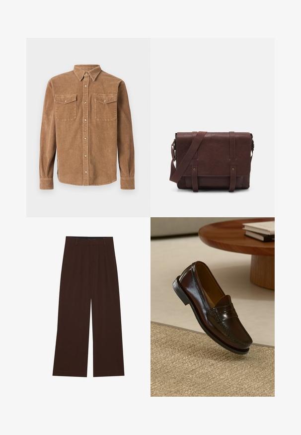 Braunes Cordhemd mit Button-Down-Kragen, zwei Brusttaschen und strukturierter Oberfläche. Verfügt über eine KnopfverschClosure und lange Ärmel.; Weißes Baumwoll-Trägershirt mit Rundhalsausschnitt, breiten Trägern und geradem Saum, das eine glatte Textur aufweist und keine sichtbaren Muster hat.; Braune weite Hosen mit Falten. Aus einem glatten Stoff gefertigt, mit einem taillierten Bund und seitlichen Taschen. Flacher Saum am Boden.; Braune Leder-Lederschuhe mit glänzender Oberfläche, die eine gestickte Detail entlang der Vorderseite und eine niedrigprofilierte schwarze Gummisohle aufweisen.; Braune Leder-Umhängetasche mit einer flachen Vorderklappe, zwei Riemen, goldenen Hardware-Akzenten und einem verstellbaren Schultergurt.