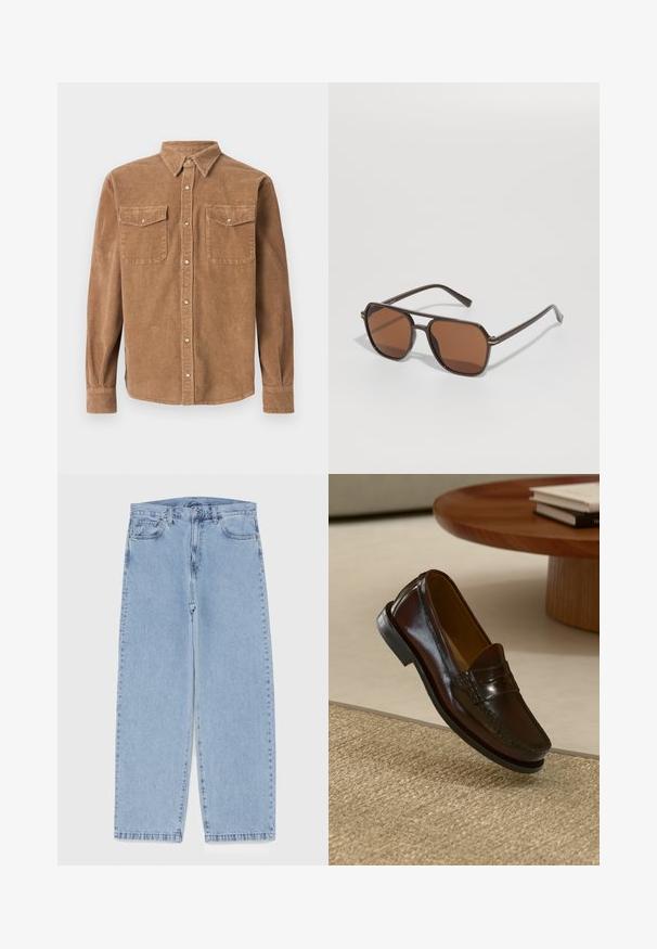 Ruskea corduroy-paita, jossa on nappikaulus, kaksi rintataskua ja teksturoitu pinta. Sisältää nappikiinnityksen ja pitkät hihat.; Valkoinen puuvillainen hihaton paita, jossa on pyöreä kaula-aukko, leveät olkaimet ja suora helma. Paidan tekstuuri on sileä, eikä siinä ole näkyviä kuvioita.; Vaaleansiniset farkut suoran lahkeen muotoilulla, joissa on puolivälin vyötärö, viisi taskua sekä nappi- ja vetoketjusuljenta.; Ruiskeanruskeat nahkalenkkarit kiiltävällä pinnalla, joissa on ommeltu yksityiskohta edessä ja matala musta kumipohja.; Ruske aurinkolasit geometrisella kehykseen, joissa on syvän ruskeat linssit ja ohuet metalliset korostukset temppeleissä, neutraalia taustaa vasten.; Ruskea nahkainen viestintälaatikko, jossa on litteä etuläppä, kaksi remmiä, kultaiset yksityiskohdat ja säädettävä olkahihna.; Himmerkettsvitt rostfritt stål armbandsur med en rund grön urtavla, silverfärgade timmarkörer, datumvisning och metal länkarmband. Vattentålig upp till 50 meter.