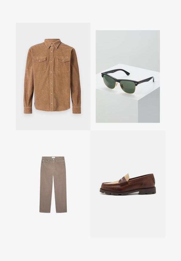 Cămașă din corduroy maro, cu guler cu nasturi, două buzunare pe piept și o suprafață texturată. Are închidere cu nasturi și mâneci lungi.; Top din bumbac alb, cu decolteu rotund, bretele late și margine dreaptă, având o textură fină și fără modele vizibile.; Jeans drepti maro, cu un design cu cinci buzunare, accesorii metalice și o textură netedă. Țesătura are un model subtil și uniform.; Loaferi din piele maro cu un accent din pânză taupe, detalii cusute și o talpă din cauciuc texturat, proiectați pentru confort și durabilitate.; Ochelari de soare Ray-Ban cu lentile verzi, rame din plastic negru și accente aurii pe margini. Formă pătrată cu un finisaj mat.