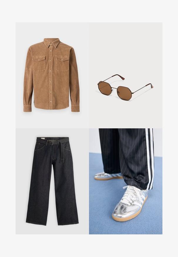 Brun kordfluwelsskjorta med nedknäppt krage, två bröstfickor och en texturerad yta. Har knappstängning och lång ärm.; Mörka denimbyxor med vida ben och bälte i midjan, med framfickor och kontrasterande sömmar. Slät textur med en ren design.; Metalliska silver sneakers med vita snören och tre vita ränder, i kombination med svarta randiga byxor. Klibbig sula som accent vid botten.; Bruna oktogonala solglasögon med tunna mörka metallramar, justerbara näskuddar och bruna tonade linser; bågarna har en orange accent.