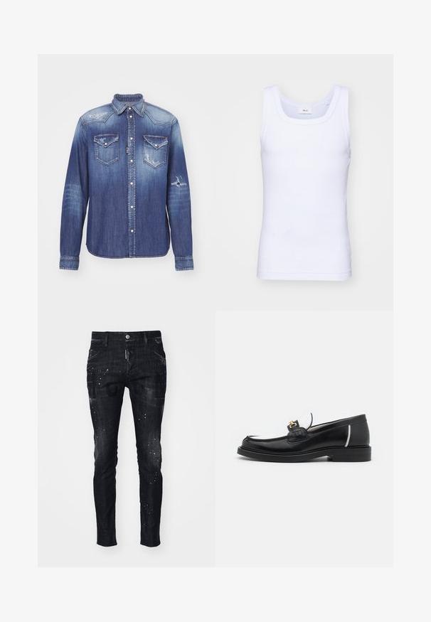 Chemise en denim bleu avec un col pointu, des manches longues, deux poches poitrine, des détails usés et une fermeture à boutons-pression. Finition délavée sur l'ensemble.; Débardeur sans manches en coton blanc avec un col rond, présentant une texture lisse et une coupe ajustée, conçu pour un usage décontracté.; Jean en denim noir à coupe slim, avec une finition délavée, un motif éclaboussé et des poches avant. La marque est visible à l'avant.; Mocassin en cuir noir avec un bout arrondi, des accents blancs et des détails en or sur le dessus. Présente un empiècement texturé et un talon empilé.