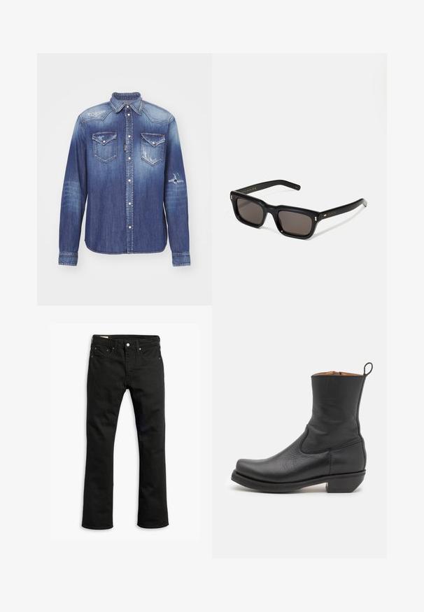 Blaue Denim-Hemd mit spitzem Kragen, langen Ärmeln, zwei Brusttaschen, ausgefransten Details und Druckknopfverschluss. Ausgebleichtes Finish überall.; Schwarze Denim-Jeans mit geradem Beinschnitt, fünf Taschen, metallischem Knopfverschluss und dezenten Steppdetails. Glatte Textur und einfarbig.; Schwarze Leder-Stiefelette mit glatter Oberfläche, schlankem Profil, seitlicher Naht und niedrigem, quadratischen Absatz. Verfügt über eine Zuglasche an der Rückseite.; Schwarze rechteckige Sonnenbrille mit dunklen Gläsern, dickem Kunststoffrahmen, goldenen Akzenten an den Bügeln und eingraviertem Markenlogo am Arm.
