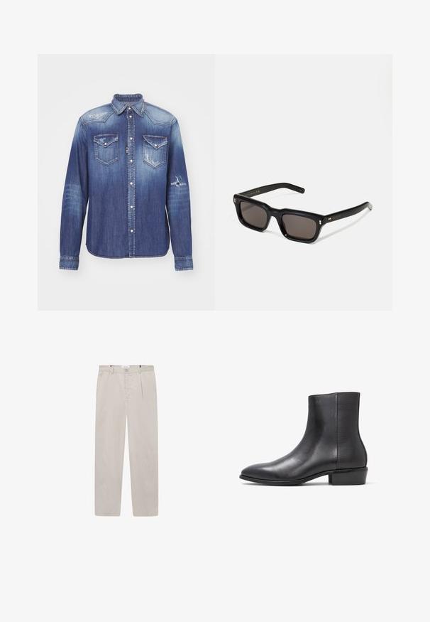 Blaue Denim-Hemd mit spitzem Kragen, langen Ärmeln, zwei Brusttaschen, ausgefransten Details und Druckknopfverschluss. Ausgebleichtes Finish überall.; Helle beigefarbene Hose aus weichem Stoff, mit geradem Schnitt, zwei seitlichen Taschen und einem Frontknopfverschluss. Leicht und mit glatter Textur.; ALDO PILLOWWALK+FLEX INSIDE ZIP AMUR - Stiefelette - open black; Schwarze rechteckige Sonnenbrille mit dunklen Gläsern, dickem Kunststoffrahmen, goldenen Akzenten an den Bügeln und eingraviertem Markenlogo am Arm.