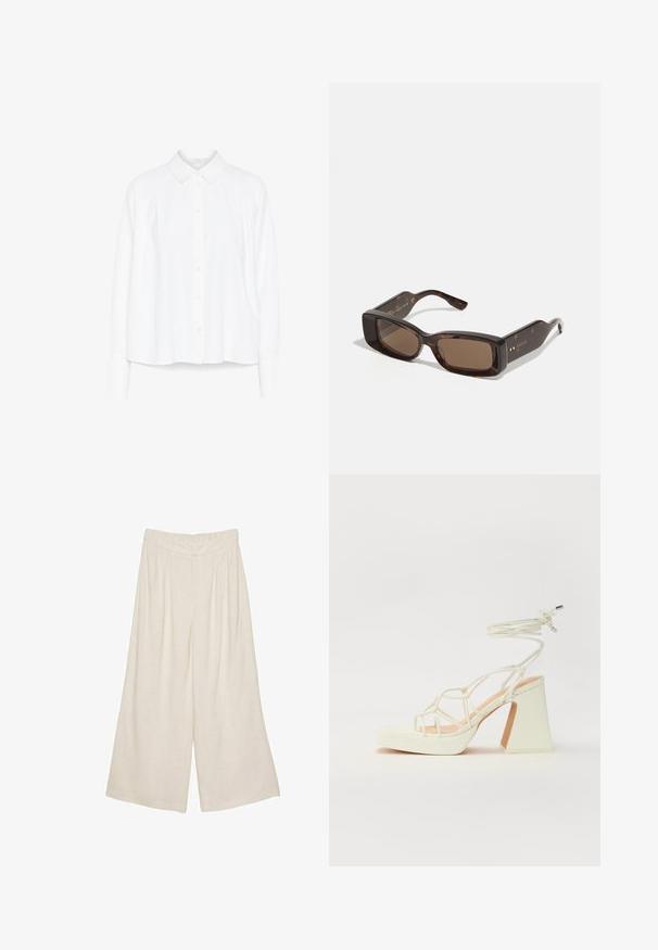 Weißes Langarm-Hemd mit Knopfverschluss und Kragen, gefältelten Details an den Schulterpartien und abgerundetem Saum. Hergestellt aus glattem, leichtem Stoff.; Leinen-Hose mit weitem Bein in einem hellbeigen Farbton, ausgestattet mit einem plissierten Design und einem elastischen Bund für Komfort und angenehmen Tragekomfort.; Weiße High-Heel-Sandale mit einem klobigen Absatz, die über ein Riemchendesign und ein Knöchelband verfügt. Glatte Textur mit einer Plattform vorne für zusätzliche Höhe.; Gucci Sonnenbrille mit rechteckigen braunen Gläsern, einem Rahmen aus Schildpatt-Acetat und goldenen Logo-Details an den Bügeln.
