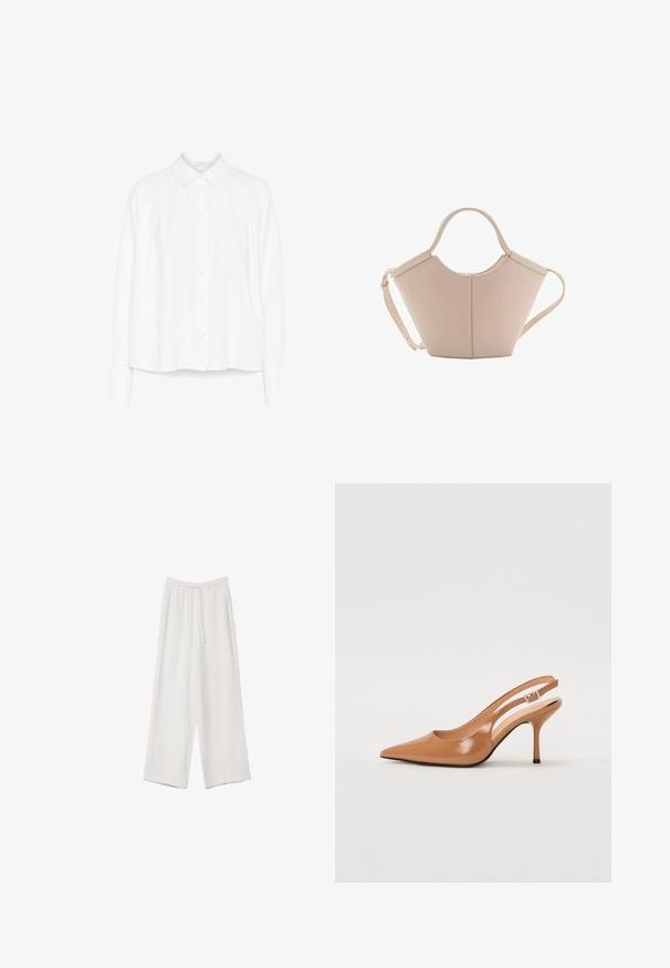 White long-sleeve button-up shirt with a collared neck, pleated detail on shoulders, and a curved hem. Made from smooth, lightweight fabric.; White wide-leg trousers made from a lightweight fabric. Features an elastic waistband with a drawstring and side pockets. Smooth texture.; Pointed toe slingback heel in a smooth, glossy tan material. Features a curved cutout design and a slender stiletto heel. Silver buckle detail.; Beige leather handbag with a unique shape, featuring two short handles and a long adjustable strap. Smooth texture with minimal hardware.
