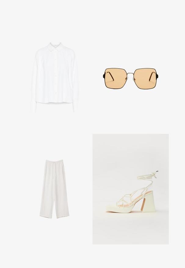 Hvid skjorte med lange ærmer og knaplukning, med krave, plissering på skuldrene og buet kant. Fremstillet af glat, let stof.; Hvide bukser med bred benlængde lavet af et letvægtsstof. Har et elastisk talje med snor og sidelommer. Glat tekstur.; Hvide højhælede sandaler med en kraftig hæl, der har et stropdesign og ankelbinding. Glat tekstur med en platform foran for ekstra højde.; Firkantede solbriller med brune linser og en tynd sort metalramme. Har skrå templer og justerbare næsepuder for komfort.
