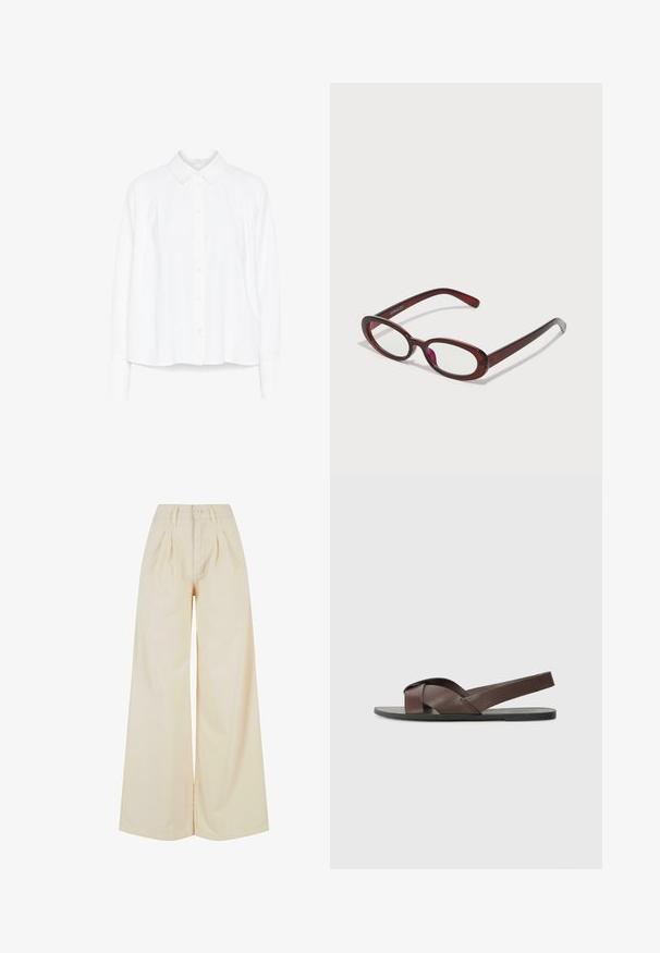 Camicia bianca a maniche lunghe con bottoni, colletto e dettagli plissettati sulle spalle, orlo curvo. Realizzata in tessuto morbido e leggero.; Pantaloni beige a gamba larga con vita alta, dotati di chiusura a bottone e dettagli plissettati. Tessuto liscio con una morbida texture.; Sandalo in pelle marrone con design a cinghia incrociata, suola nera piatta e cinturino posteriore regolabile. Texture liscia e dettagli hardware minimi.; Occhiali da sole rotondi di colore rosso con lenti trasparenti e montatura marrone elegante. Il design presenta curve sottili e hardware minimale.