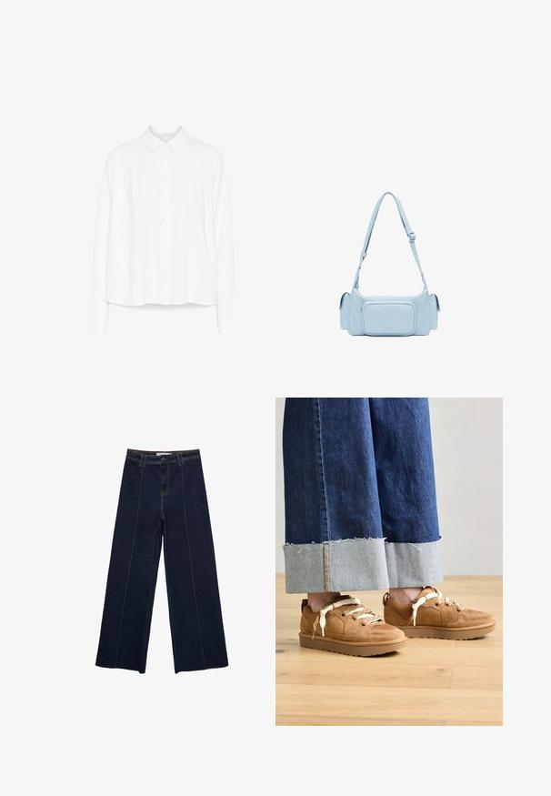 Witte langóm gepofte overhemd met een kraag, geplooide details op de schouders en een gebogen zoom. Gemaakt van een gladde, lichte stof.; Wijde, donker denim broek met contrasterende stiksels, hoge taille en een rechte snit. Voorzien van zakken aan de voorkant en een klassieke knoopsluiting.; Bruine suede sneakers met textuurpanelen en lichtgekleurde veters. Gecombineerd met blauwe denim broeken met wijde pijpen en rafelige zoom.; Lichtblauwe leren tas met een rechthoekige vorm, verstelbare schouderband, voorklep met rits en een minimalistisch ontwerp. Gladde textuur, subtiele branding.