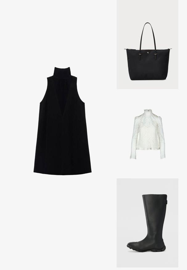 Bluză din dantelă albă cu guler înalt, mâneci lungi bufante și model floral. Betelie din satin pe margini pentru un detaliu suplimentar.; Rochie neagră fără mâneci, cu guler înalt, decolteu adânc în formă de V și o textură netedă. Design minimalist cu o siluetă fluidă.; Cizme negre, impermeabile, până la genunchi, realizate dintr-un material neted, cu vârful rotunjit, talpă texturată și un mic accent logo pe lateral.; Geantă tote neagră din material texturat, cu două mânere din piele, accente din metal auriu și închidere cu fermoar în partea de sus.