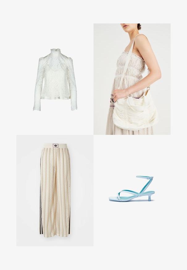 Balta nėrinių palaidinė su aukštu apykakle, pūstomis ilgomis rankovėmis ir gėlių raštais. Satino apdaila apatinėje dalyje pridėtai detalei.; Grietos spalvos plačios kelnės su zigzagų raštu, turinčios juodą logotipo juostą ir šonines juodas juosteles. Lengvas, tekstūruotas audinys.; Šviesiai mėlynos guminės sandalai su kvadratiniu pirštu, žemu kulnu, reguliuojama kulkšnies juosta ir lygiu, blizgiu paviršiumi. Kryžminiai dirželiai ant pado.; Balta audinio petinė rankinė su susiraukšlėjusia tekstūra, reguliuojama ištraukiama juosta ir sidabrinėmis detalėmis. Rodyta šalia kreminės spalvos suknelės.