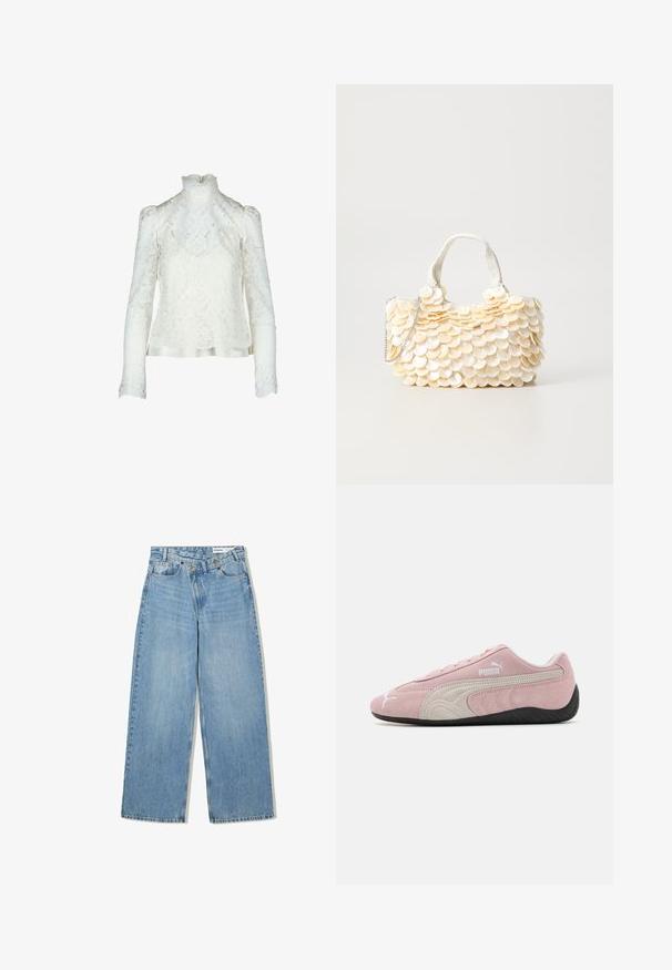 Krajkový top v bílé barvě s vysokým límcem, smyčkovými dlouhými rukávy a květinovým vzorem. Saténový lem na spodním okraji pro vyšší detail.; Světlé modré široké džínové kalhoty vyrobené z denimu, s vysokým pasem, pěti kapsami, knoflíkovým zapínáním a jemným vyblednutím pro texturu.; Růžové semišové tenisky s šedými akcenty, zjednodušený design, texturovaný svršek a černá gumová podrážka. Na boku je logo Puma.; Bílá kabelka s texturovanými ozdobami ve tvaru zvlněné mušle. Obsahuje pletenou rukojeť a stříbrný řetízek pro variabilitu.