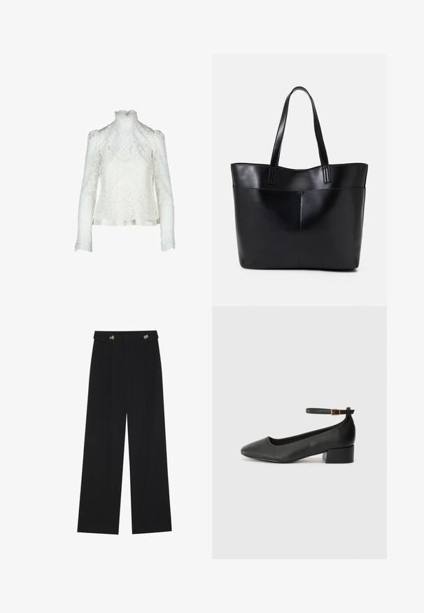 Bijela čipkasta bluzica s visokim ovratnikom, napuhanim dugim rukavima i cvjetnim uzorkom. Satenska obruba doljnjeg dijela kao dodatni detalj.; Crne hlače širokih nogavica s visokim strukom, s dugmadi na pojasu i prednjim nabora.; Crne kožne pumpe s oštrim vrhom i niskom blok petom. Sadrže remen oko gležnja s zlatnim kopčanjem. Glatka tekstura.; Crna kožna torba s dugim ručkama, glatkom teksturom i strukturiranim oblikom. Ima prednju džep za dodatno pohranu.