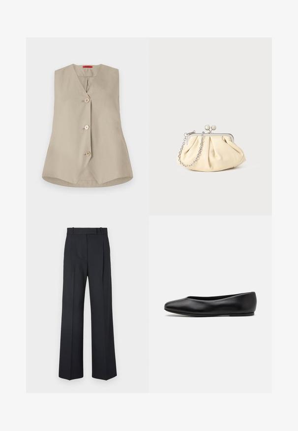 Béžový bezrukávový svetr s výstřihem do V, který má tři dřevěné knoflíky a rovný lem. Vyrobený z hladké látky s čistým designem.; Tmavě modré kalhoty s pruhy, vysokým pasem, širokým nohavicemi a bez viditelného kování nebo ozdob. Hladká textura a přesně padnoucí střih.; Paul Smith TOPANGA - Klasické baleríny - black; Plisovaná béžová kožená kabelka na psaní s rámem ze stříbrného kovu, vybavená dvěma kulatými dekorativními uzávěry a stříbrným řetízkem.