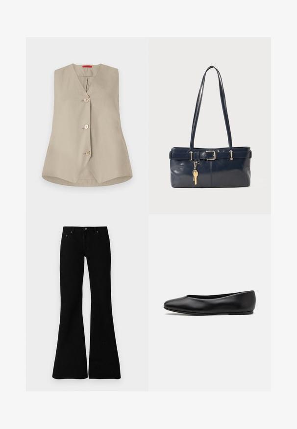 Beige ärmellose Weste mit V-Ausschnitt, ausgestattet mit drei Holzknöpfen und einem geraden Saum. Hergestellt aus glattem Stoff mit einem klaren Design.; Schwarze Bootcut-Jeans aus Denim, die über ein klassisches Fünf-Taschen-Design, einen Knopfverschluss und dezente Nähte entlang der Säume verfügen.; Paul Smith TOPANGA - Klassischer Ballerina - black; Marineblaue Lederhandtasche mit zwei langen Griffen, einer Schnallen-Detailierung und einem daran befestigten Schlüsselanhänger. Besitzt eine glatte Textur und eine rechteckige Form.