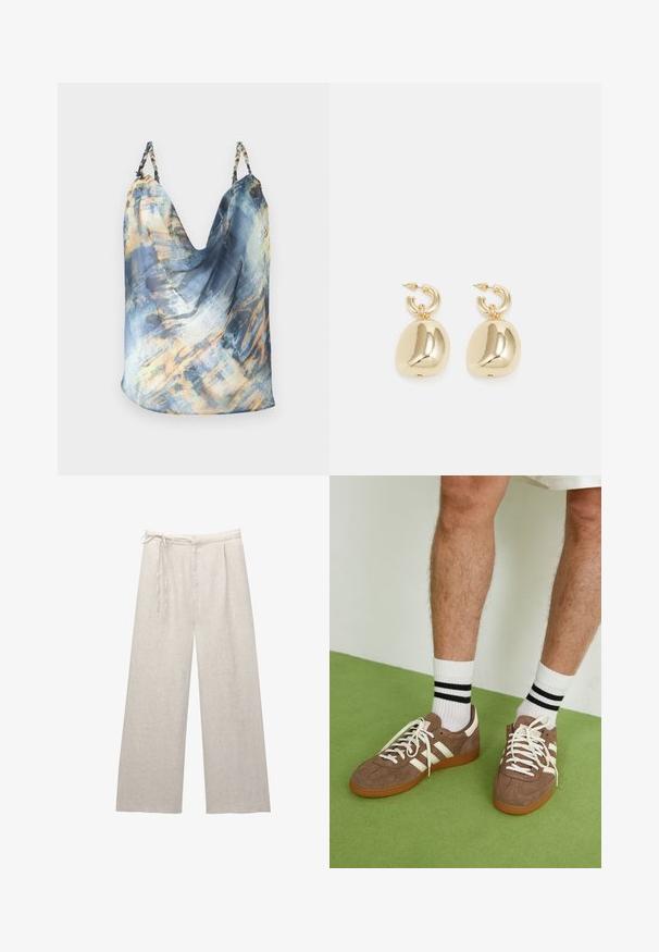 Top bez rukava u plavoj boji s apstraktnim uzorkom koji sadrži zlatne i svijetloplave akcentne boje; drapirani dizajn, mekani materijal, pletene naramenice.; Svijetlosmeđi laneni široki hlače s visokim strukom, naborima i podesivim vezicom. Glatka tekstura i jasne linije poboljšavaju dizajn.; Smeđe nubuk tenisice s bijelim detaljima i vezicama. Gumeni potplat. Nosene s bijelim čarapama s crnim prugama. Zeleno teksturirano pod.; Zlatne kružne naušnice s glatkim, zaobljenim privjescima s reflektirajućom završnom obradom, obješene na teksturiranoj kružnoj kopči.