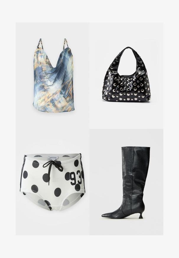 Top sans manches bleu avec un motif abstrait comportant des accents dorés et bleu clair ; design drapé, tissu doux, bretelles tressées.; Shorts de bain à pois noirs et blancs avec une taille à cordon de serrage, portant le numéro "93" à l'avant et fabriqués dans un tissu lisse et extensible.; Bottes noires en faux cuir montantes jusqu'aux genoux, avec une texture crocodile brillante, un bout pointu et un talon fin et angulaire. Design classique et silhouette épurée.; Sac à main en cuir verni noir avec une forme arrondie, décoré de clous métalliques argentés de différentes tailles et doté d'une large sangle pour un transport facile.